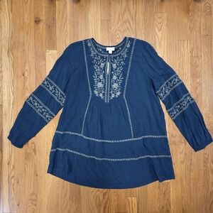 J Jill Embroidered Floral Accent Long Sleeve Tunic Dark Teal‎ Peacock